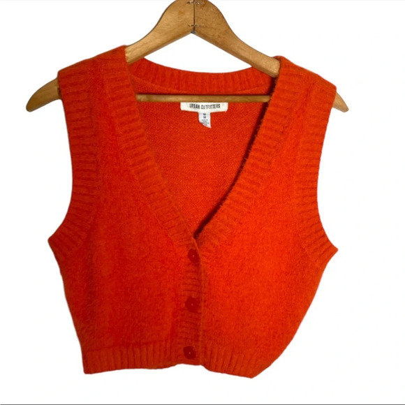 Urban Outfitters Orange Fuzzy Cropped Cardigan Vest M 70s Hippie Funky Retro - Picture 1 of 4